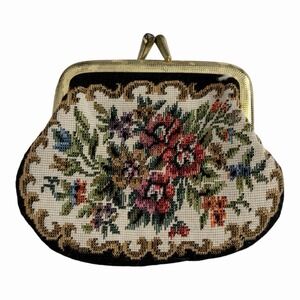 Floral Tapestry Coin Purse with Kiss Lock Frame Embroidered Design Vintage